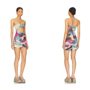 AFRM x Revolve Beckett Mini Dress in Abstract Butterfly Multicolor Mesh Small